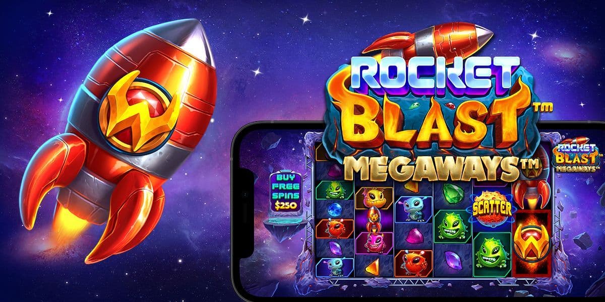 Rocket Blast Megaways slot game banner with mobile gameplay and reels