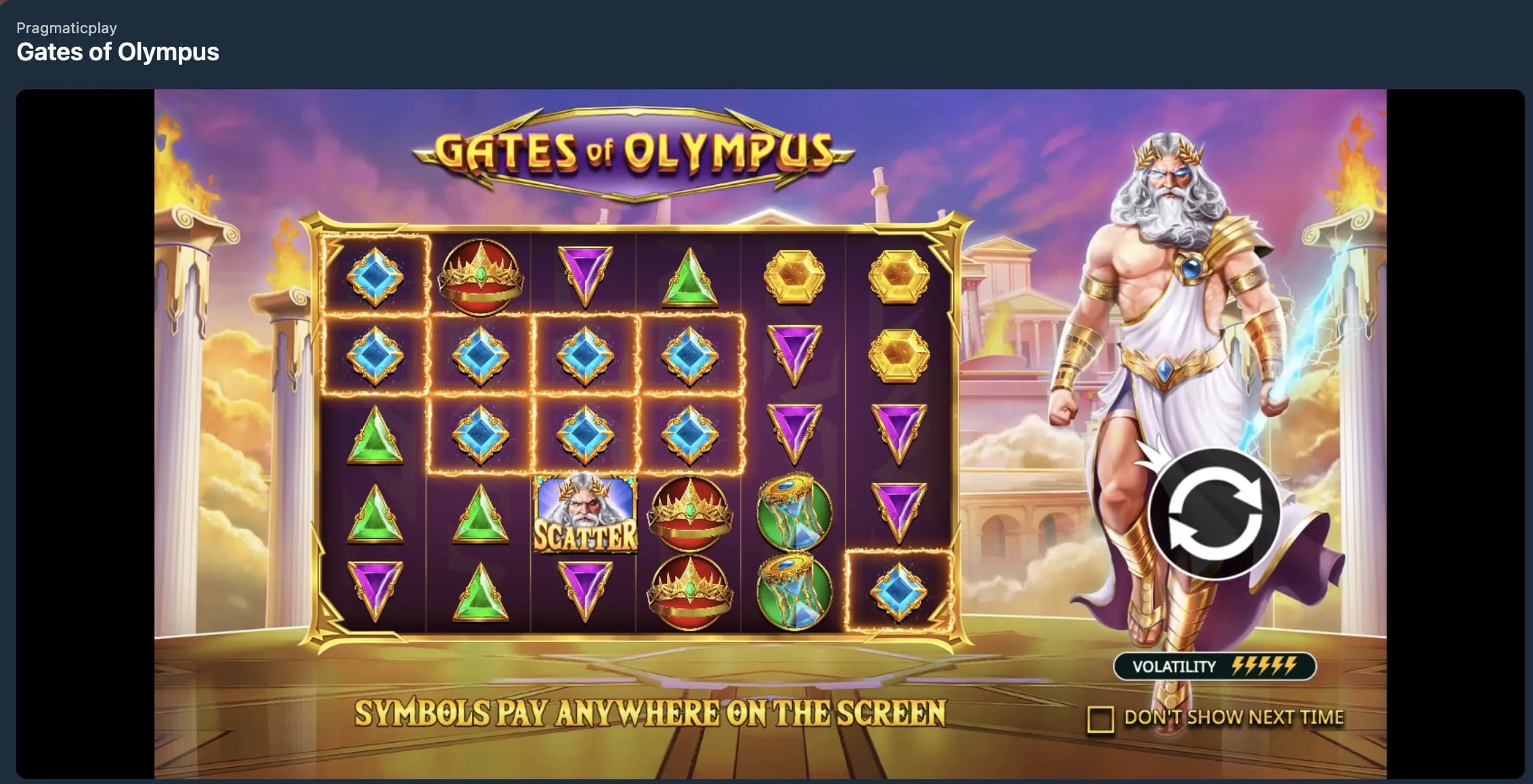 Gates of Olympus slot game screen with reels, symbols, and scatter feature visible