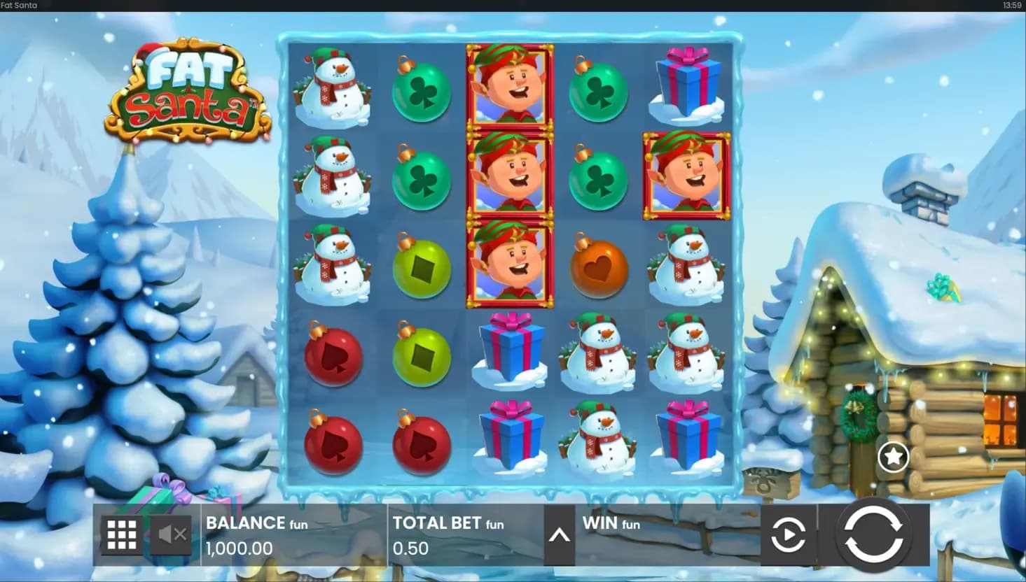 Fat Santa slot game screen with Christmas-themed symbols and reels visible