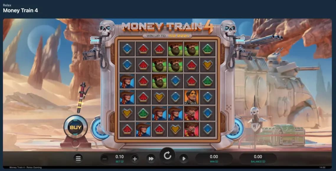 Money Train 4 slot game screen with grid layout and Buy Bonus button visible