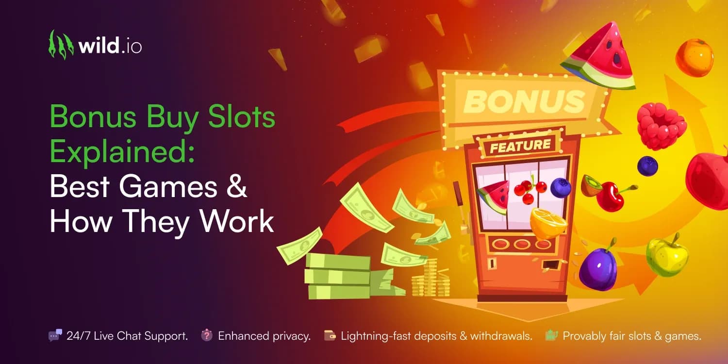 Wild.io banner showing bonus buy slots concept with slot machine, fruits, and flying cash