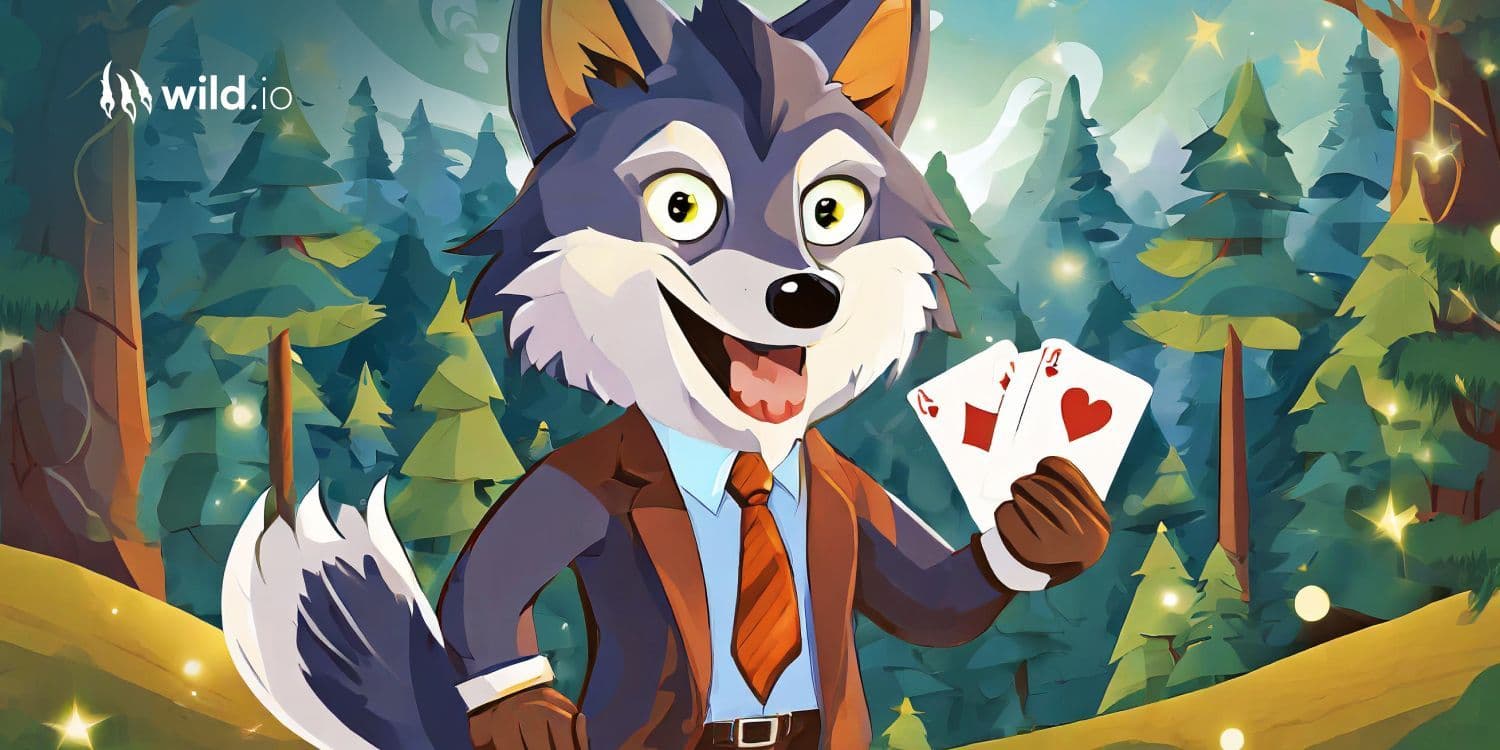 Blackjack strategy illustration with wolf holding playing cards