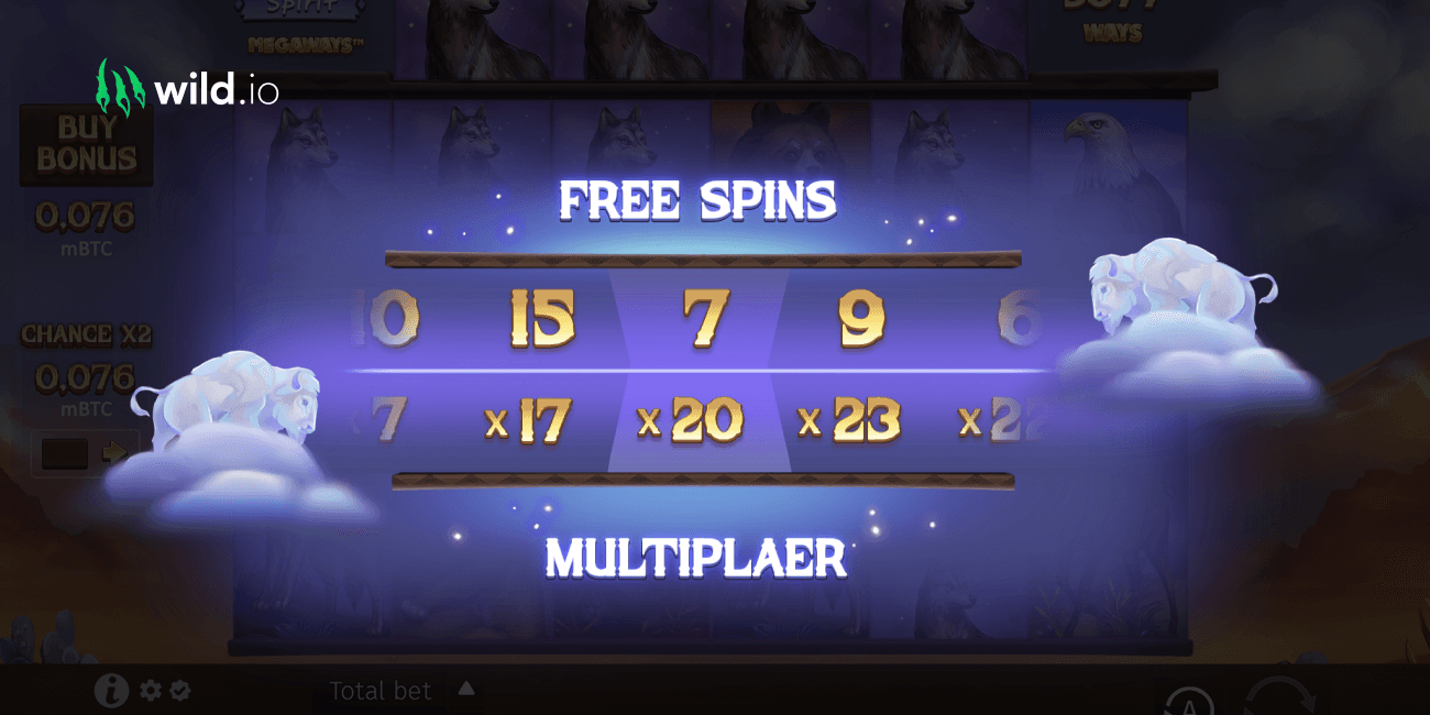 Savage Buffalo Spirit slot bonus feature showing free spins and multiplier values