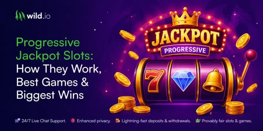 Wild.io progressive jackpot slots banner with slot machine, coins, and article headline