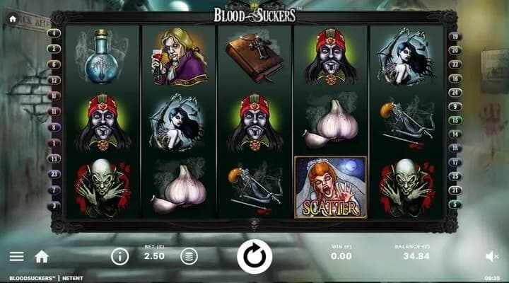 Blood Suckers slot game by NetEnt with vampire-themed symbols, dark gothic visuals, and classic high RTP slot layout.