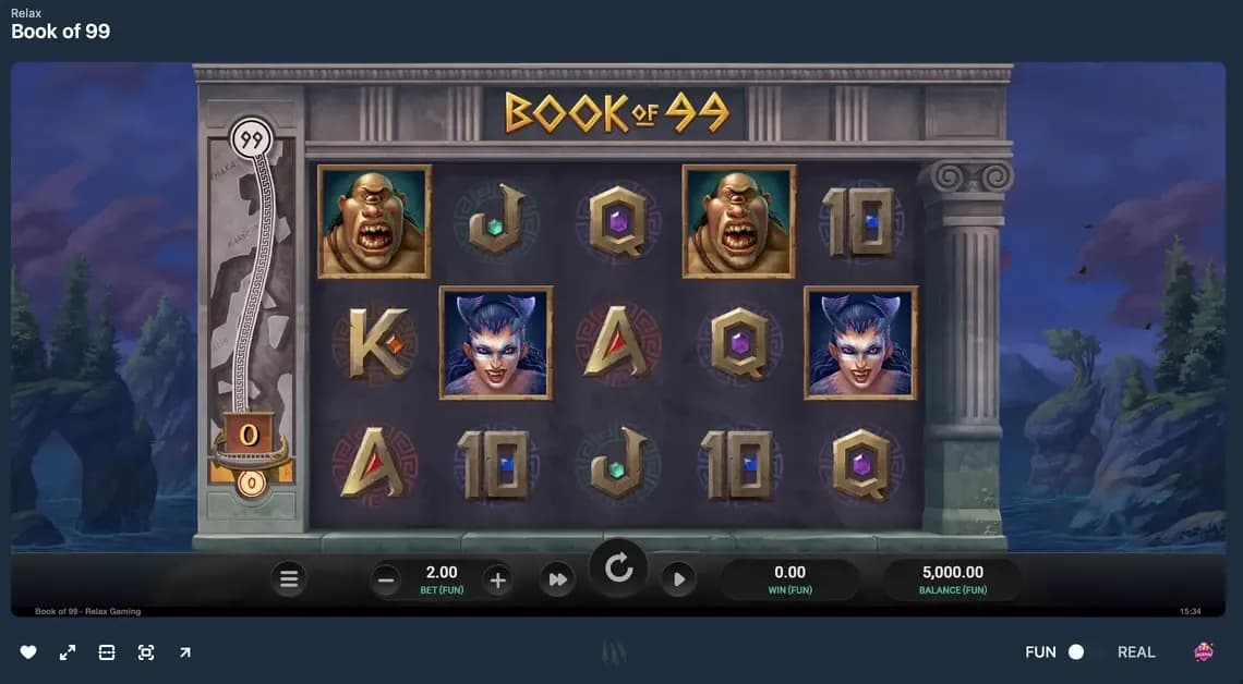 Book of 99 slot game by Relax Gaming with fantasy character symbols, stone reel layout, and high RTP slot interface.