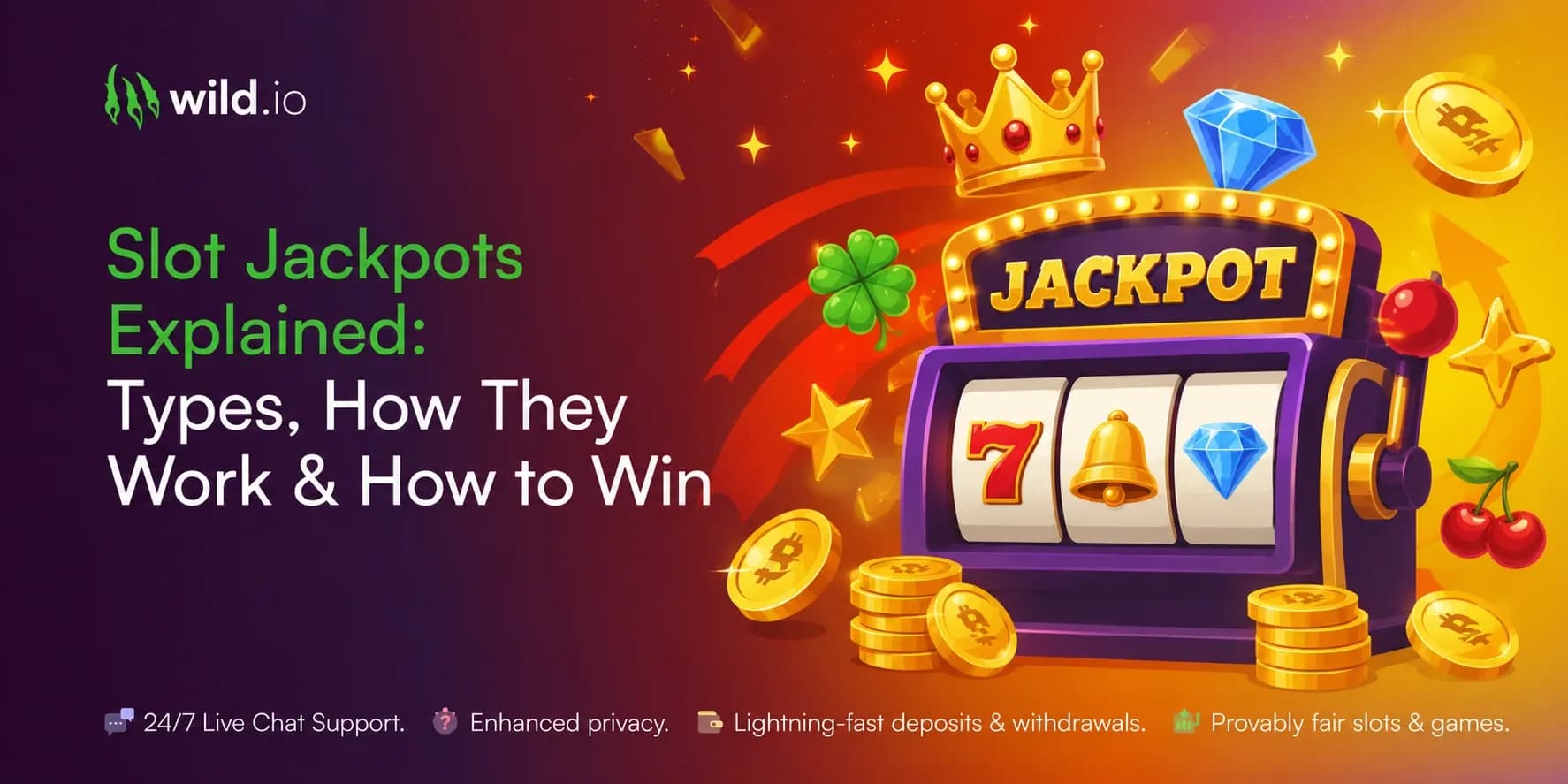 Wild.io slot jackpots illustration with jackpot slot machine, coins, and guide headline about how jackpots work