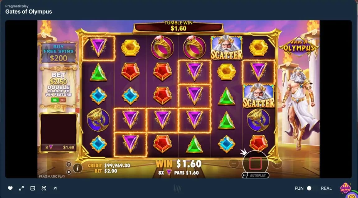 Gates of Olympus slot game displaying cluster-style tumble win mechanics with matching gem symbols and scatter symbols triggering cascading payouts.