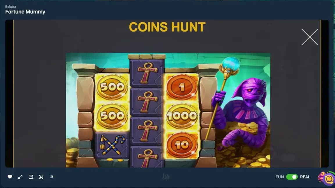 Fortune Mummy Coins Hunt bonus feature by Belatra showing coin prizes, Egyptian symbols, glowing payout values, and a purple mummy character holding a staff.