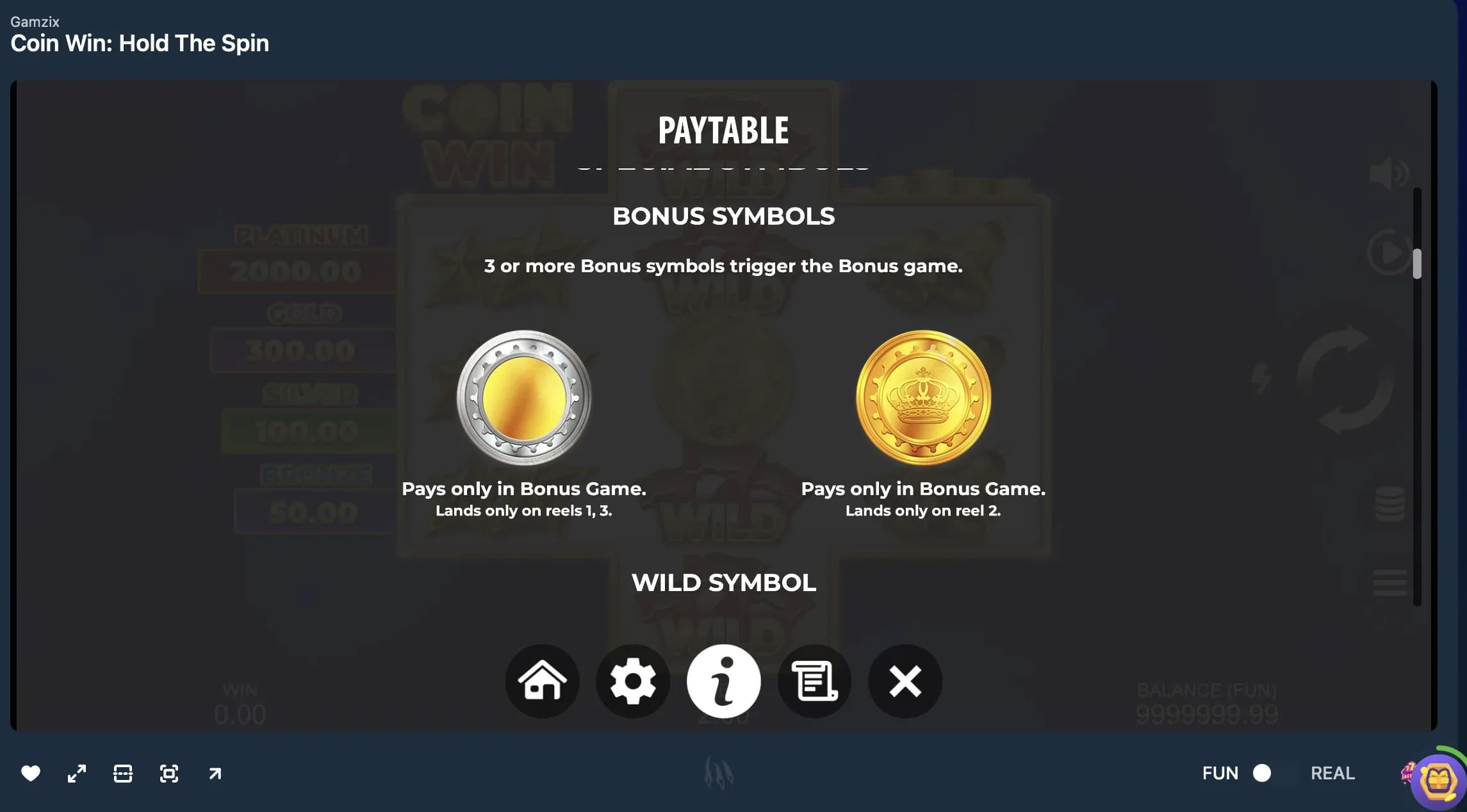 Coin Win Hold The Spin slot game paytable with bonus symbols triggering bonus game and wild symbol details