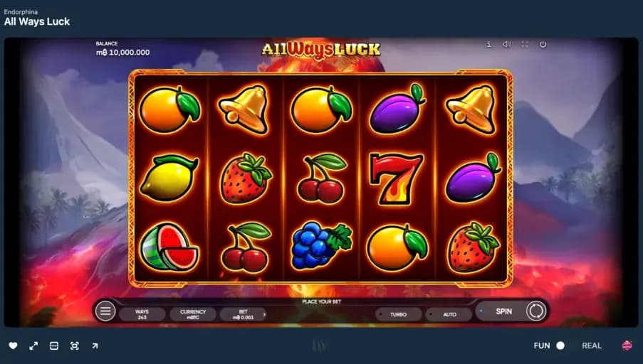 All Ways Luck online slot by Endorphina showing classic fruit symbols, volcanic background, 243 ways mechanics, and traditional slot gameplay interface.