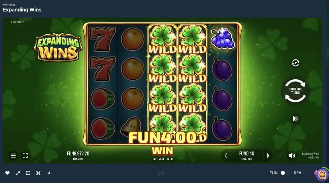 Expanding Wins slot game with stacked wild symbols forming a winning combination on the reels