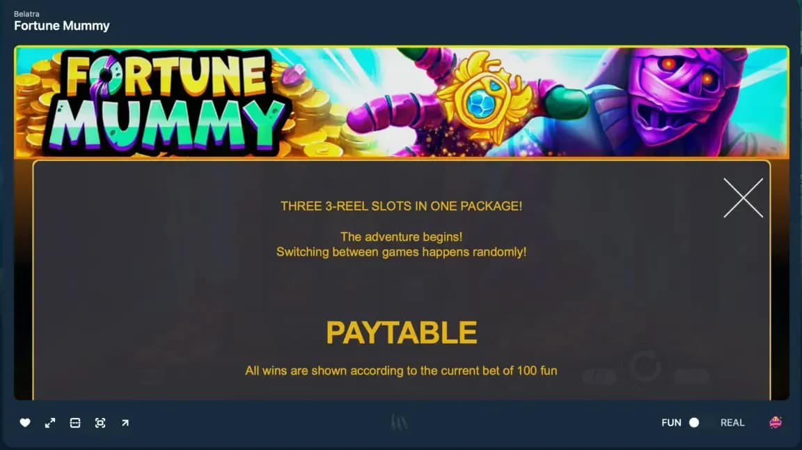 Fortune Mummy slot game by Belatra showing the paytable screen, Egyptian-themed visuals, glowing mummy character, and colorful Fortune Mummy logo.