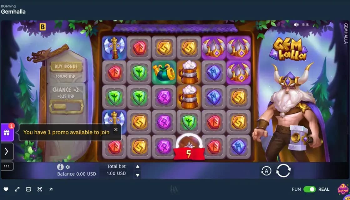 Gemhalla online slot by BGaming showing Viking-themed symbols, rune icons, bonus buy feature, and a Norse warrior beside the reels during gameplay.