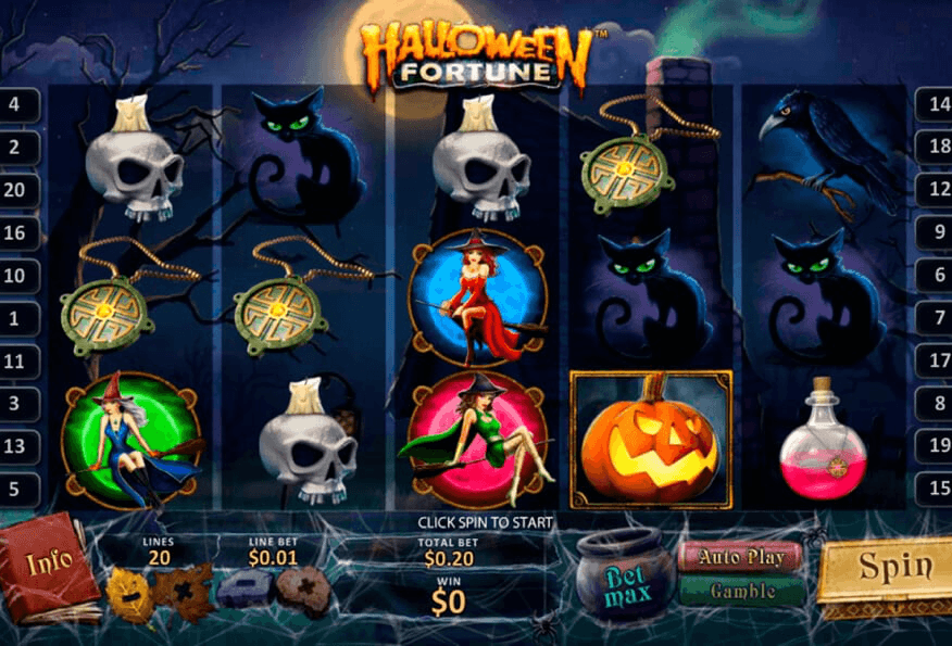 Halloween Fortune slot game by Playtech with pumpkin, witch, black cat, and Halloween-themed reel symbols on a dark spooky background.