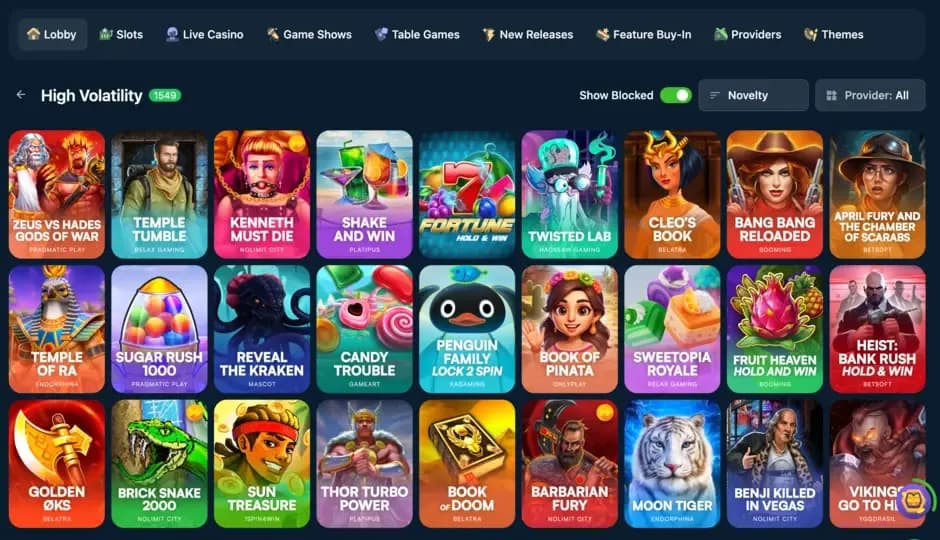 Wild.io high volatility slots category page featuring high-risk games.
