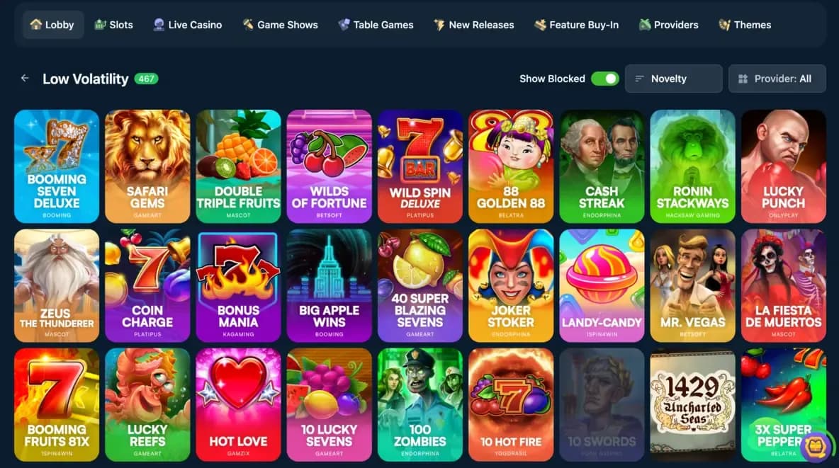 Wild.io low volatility slots category page displaying a wide selection of lower-risk games.