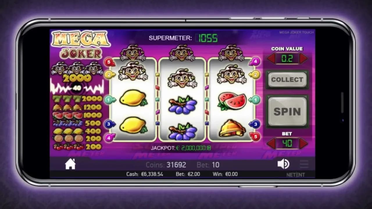 Mega Joker slot game by NetEnt displayed on a mobile device with classic fruit symbols, Supermeter feature, and retro slot interface.