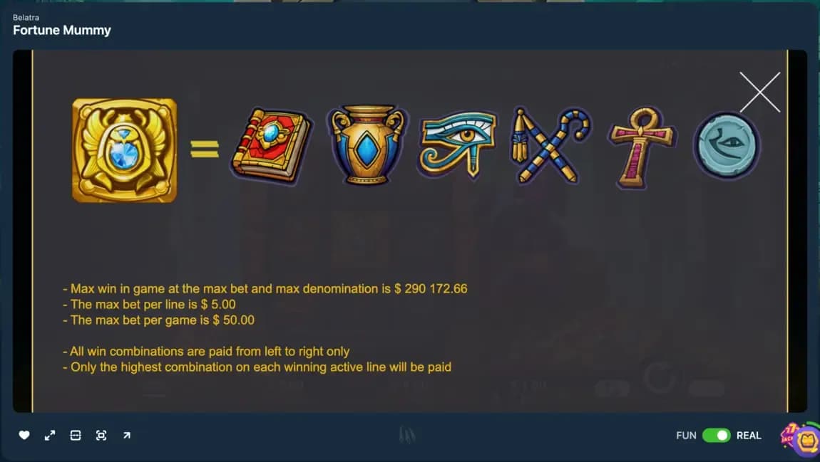 Fortune Mummy slot paytable by Belatra showing Egyptian symbols, max win details, payout rules, and themed icons including the Eye of Horus and ancient artifacts.