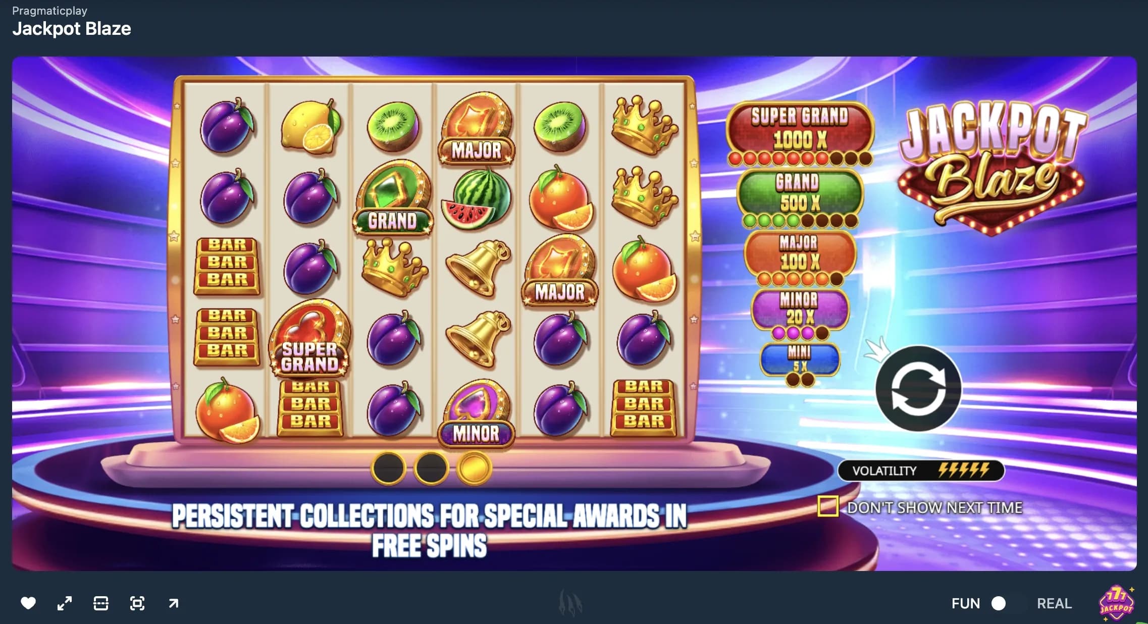 Jackpot Blaze slot game screen with jackpot tiers and reels visible