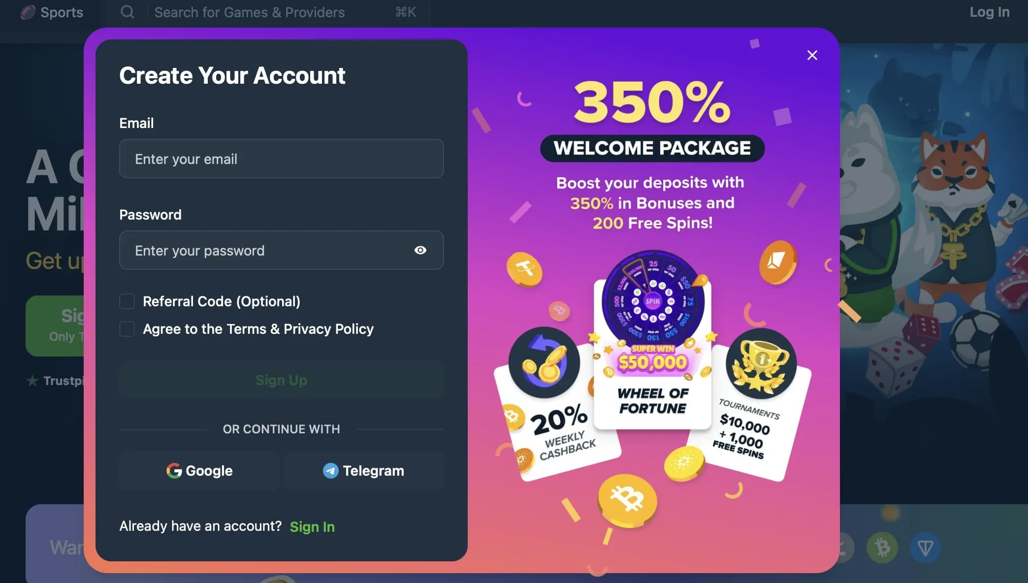Wild.io registration form showing 350 percent welcome bonus and 200 free spins