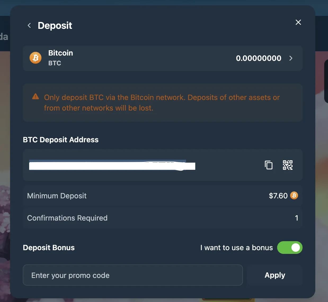Wild.io BTC deposit page showing wallet address, minimum deposit, and bonus toggle