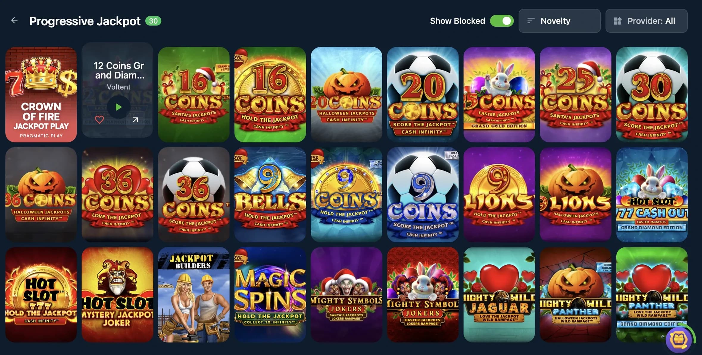 Wild.io progressive jackpot section showing various jackpot slot games grid