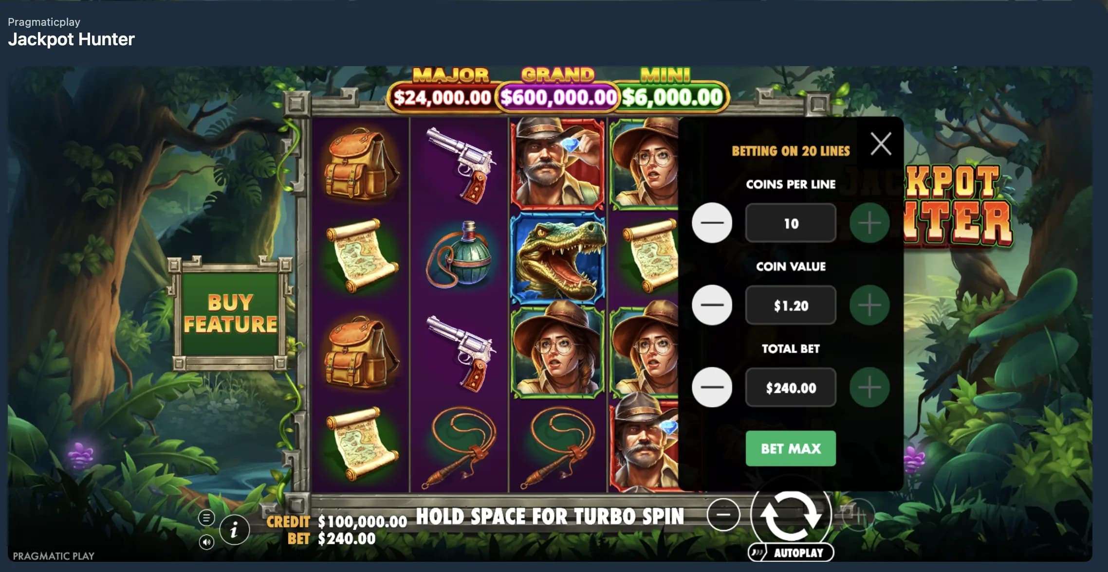 Jackpot Hunter slot with buy feature button and bet configuration options