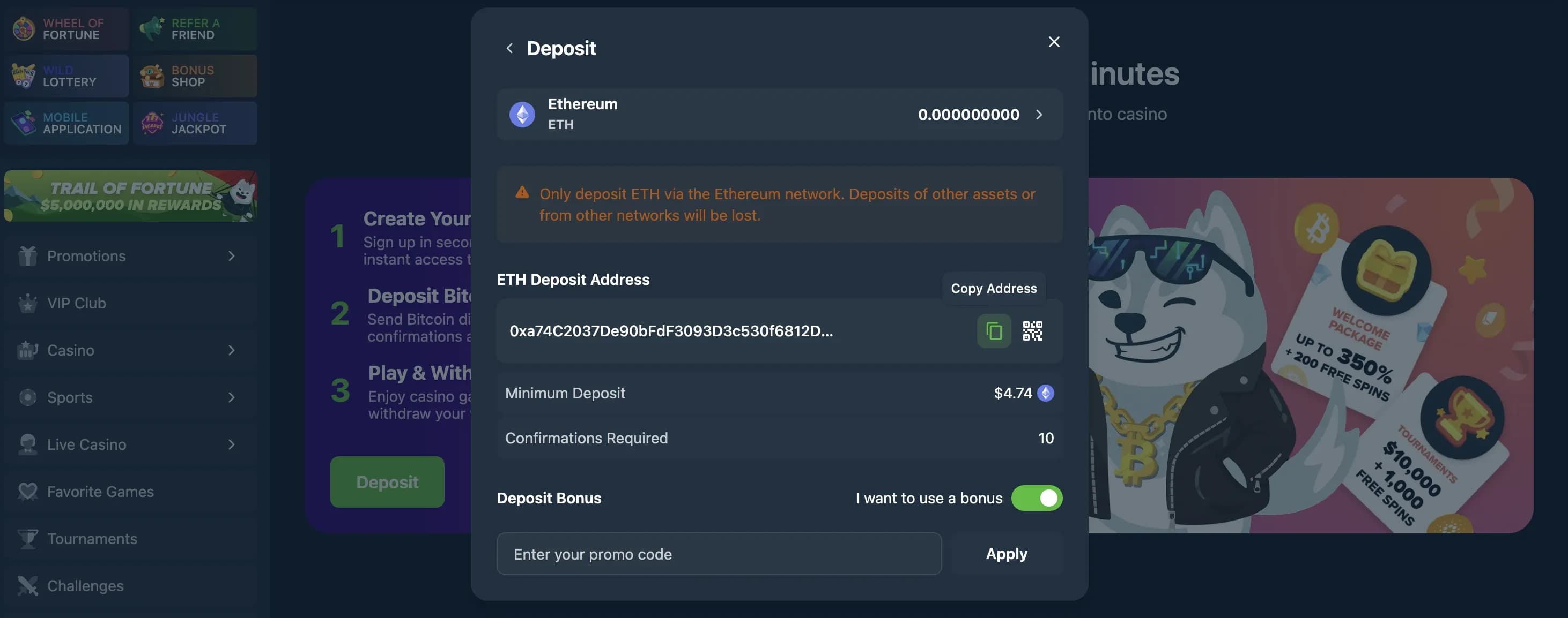 Wild.io Ethereum deposit screen showing wallet address, minimum deposit amount, and required confirmations