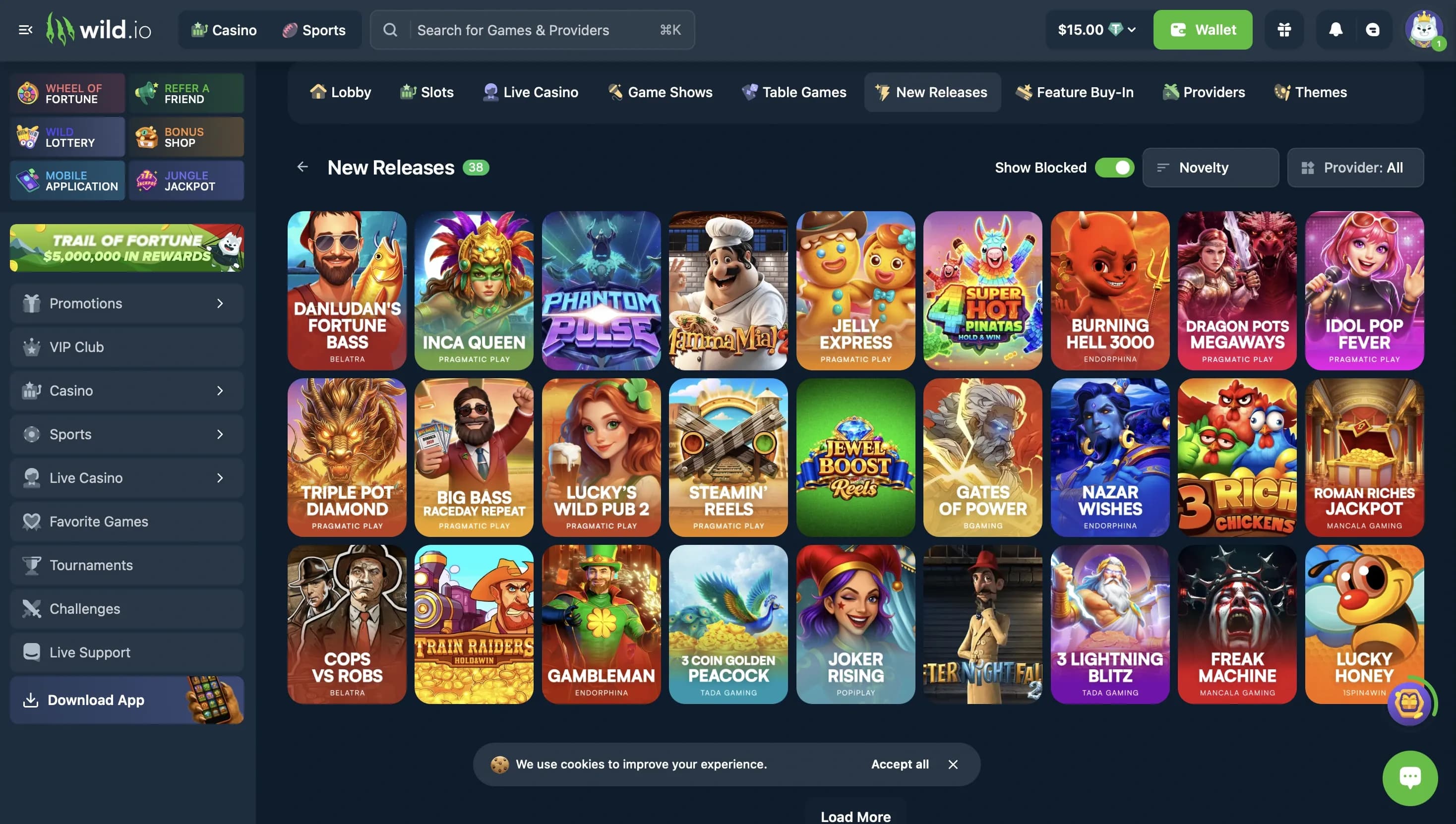 Wild.io slots game library featuring new releases titles