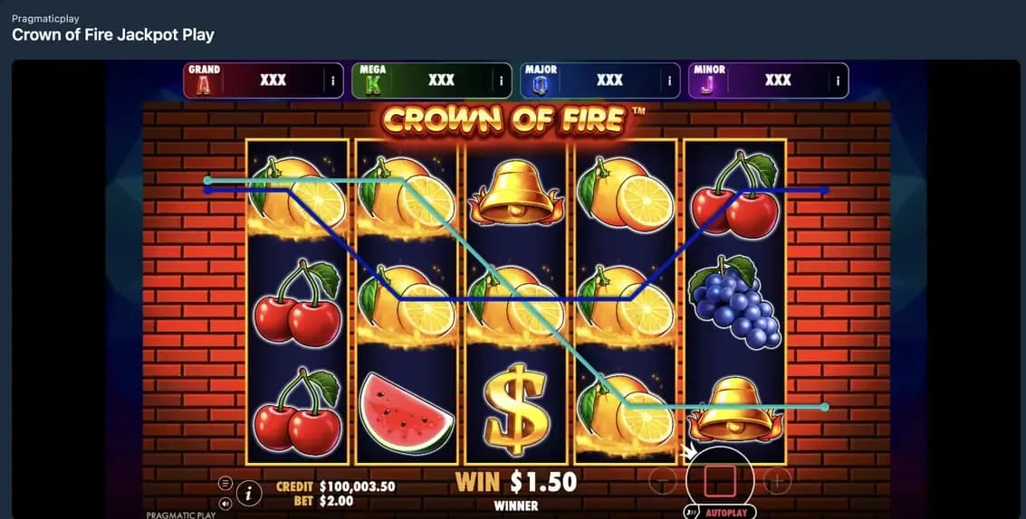 Crown of Fire Jackpot Play slot game showing winning paylines, fruit symbols, and progressive jackpot levels (Grand, Mega, Major, Minor) on screen.