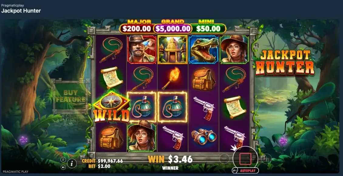 Jackpot Hunter slot game showing jungle-themed reels, wild symbols, and jackpot tiers (Major, Grand, Mini) with winning combinations on screen.