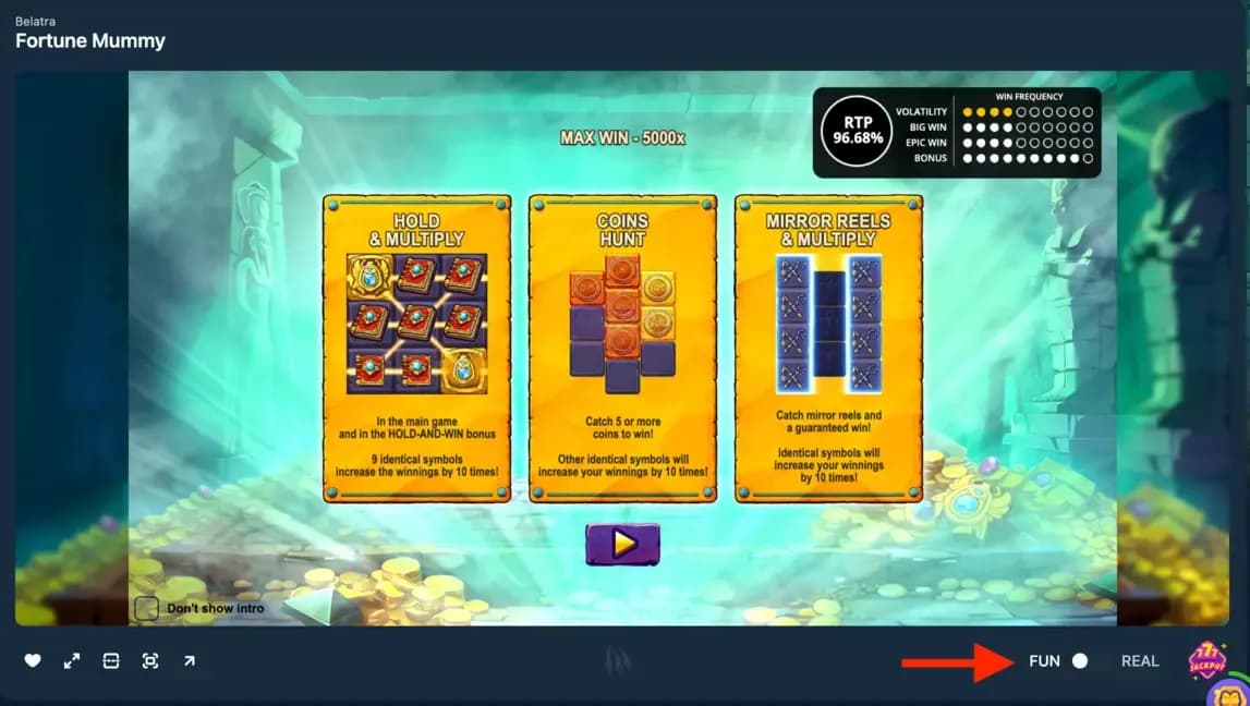 Fortune Mummy slot intro screen by Belatra displaying bonus features, RTP of 96.68%, volatility meter, and gameplay modes including Coins Hunt and Mirror Reels & Multiply.