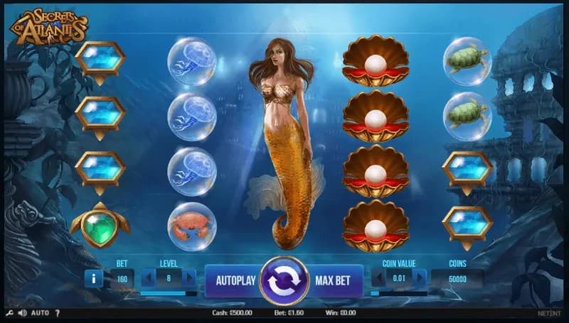 Secrets of Atlantis slot game by NetEnt with underwater visuals, mermaid symbol, pearl icons, and ocean-themed reel layout.