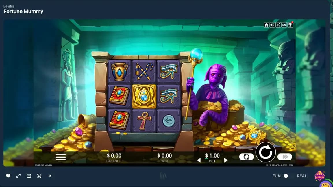 Alt text: Fortune Mummy online slot by Belatra showing the main gameplay interface with Egyptian symbols, treasure-filled background, 3x3 reels, and a purple mummy holding a staff.