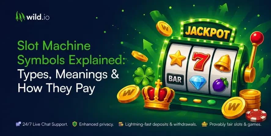 Wild.io slot machine symbols guide banner featuring a classic slot machine with lucky seven, BAR, bell, diamond, and fruit symbols alongside jackpot graphics and casino coins.