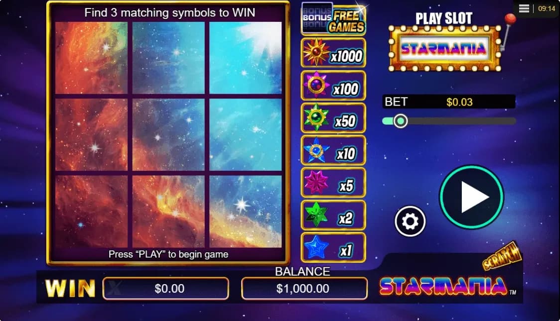 Starmania slot interface with galaxy-themed symbols, colorful multipliers, and cluster-pay gameplay screen.