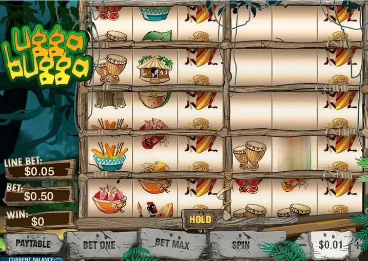 Gameplay screen of Ugga Bugga slot by Playtech with tribal symbols, wooden reels, and classic high RTP slot interface.