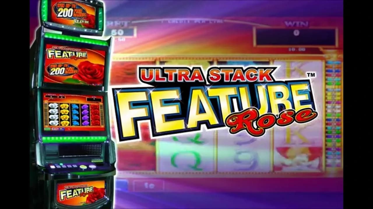 Ultra Stack Feature Rose slot by Aruze with stacked symbols, colorful slot machine display, and classic reel interface.