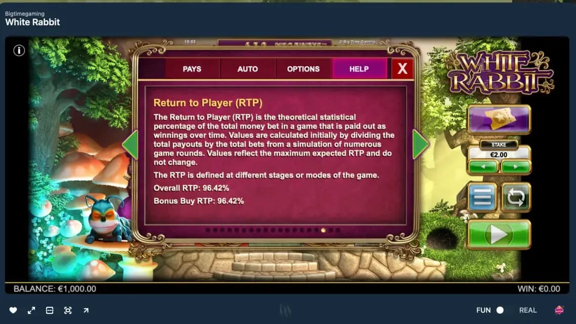 White Rabbit Megaways slot help screen displaying RTP details, bonus buy RTP percentage, and in-game information menu.