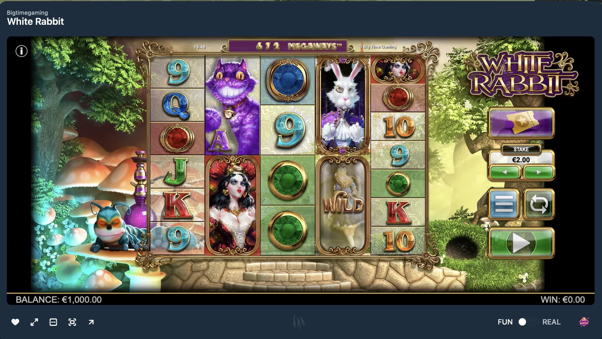 White Rabbit Megaways slot game with Alice in Wonderland-themed symbols, expanding reels, colorful fantasy visuals, and Megaways mechanics.