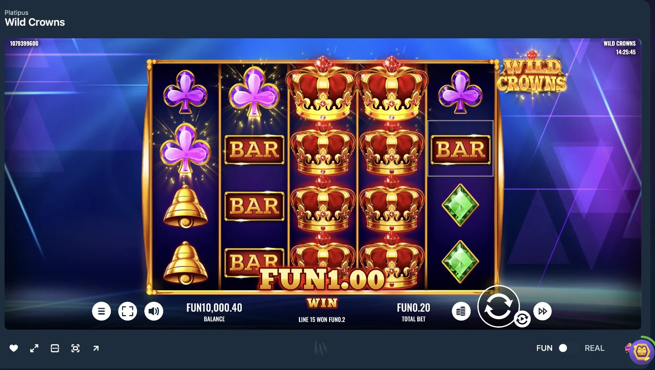 Screenshot of the Wild Crowns online slot machine displaying classic slot symbols