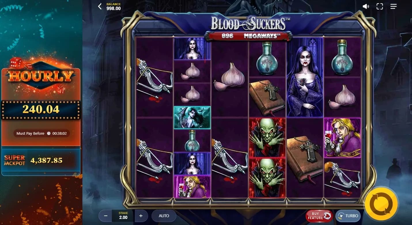 Blood Suckers Megaways slot game with vampire symbols, dynamic Megaways reels, dark gothic visuals, and jackpot display.