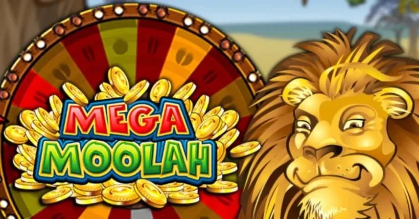 Mega Moolah slot game featuring a lion mascot and jackpot wheel filled with coins